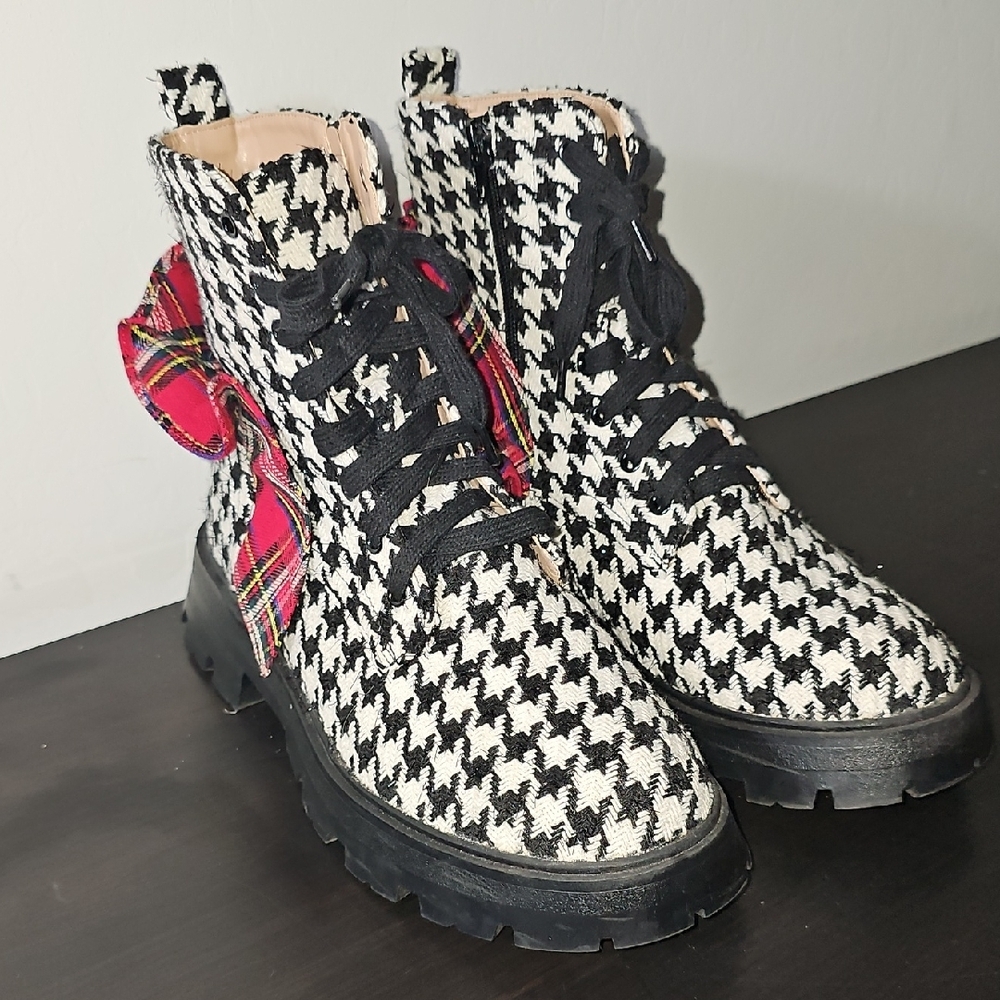 Betsey Johnson Houndstooth Combat Boots with Red Plaid Accent - Picture 3 of 8